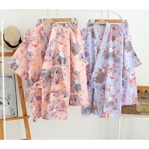 Rabbit Kimono Spring Summer Womens Half Sleeve Pajamas Set Pure Cotton Gauze Home Bathrobe Yukata Homewear Japanese Nightgown