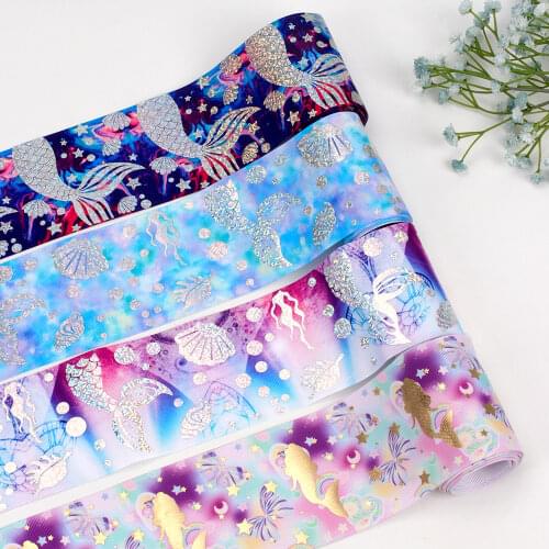 2yards/Roll 7.5cm Printing Ribbon Sequin Mermaid Pattern DIY Sewing Craft Supplies Gift Hair Accessories Christmas Decoration