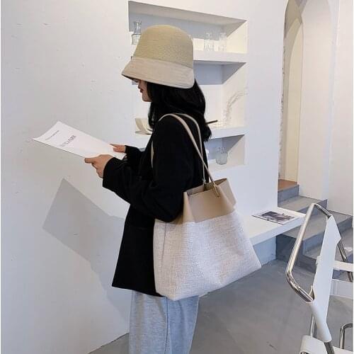 Women Linen Shoulder Bags Solid Color Wide Strap Crossbody Bag Ladies Fashion Large Capacity Tote Bucket Bag Shandbag Big Purses