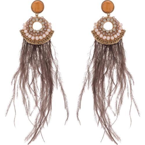 Lureme Bohemian Natural Feather Earrings Beaded Tassel Dangle Earrings for Women