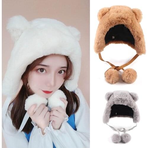 Cute Bear Ears Beanie Women Winter Hats Autumn 2021 Warm Plush Faux Fur Earflaps Snow Cap Women Girls Hat Skullies Beanies