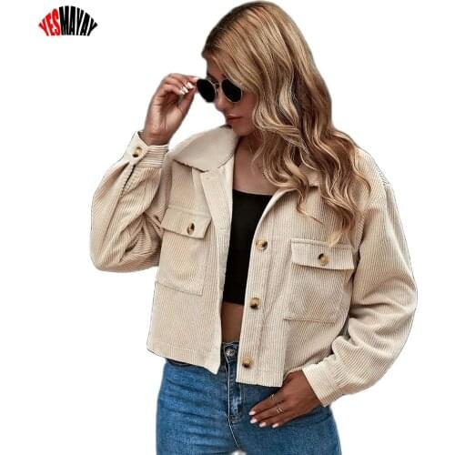Fashion Women Corduroy Jacket Fall Winter Elegant Long Sleeves Tops Female Solid Color Lapel Short Coat Casual Jackets 2021