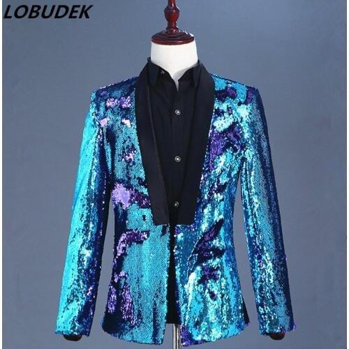 Fashion Men Purple Blue Sequins Blazers Double Color Sequins Jacket Coat Prom Party Male Singer Host Stage Outfit Tide Costumes