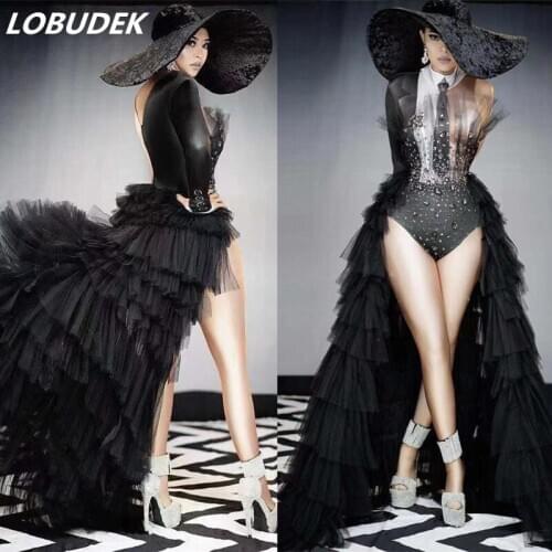 Single Sleeve Crystals Print Mesh Tail Bodysuit Women Singer Dancer Concert Stage Wear Nightclub Bar Show Performance Costume