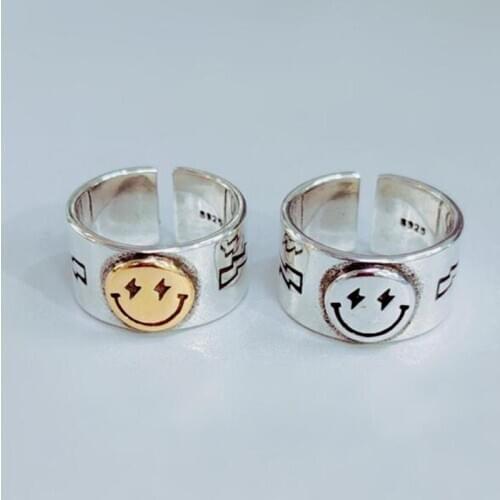 Wide Ring Silver Color Women Fashion Jewelry Smile Luck Face Rings Girls Hip Hop Big Opening Adjustable Ring Jewellery Gift