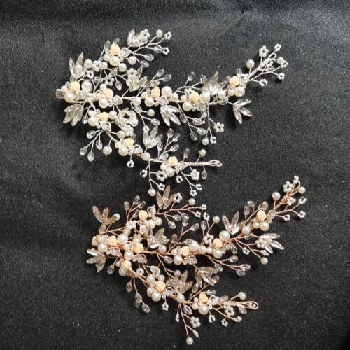 SLBRIDAL Wired Crystal Rhinestone Pearls Flower Wedding Hair Clip Barrettes Bridal Headpiece Hair Accessories Women Hair Jewelry