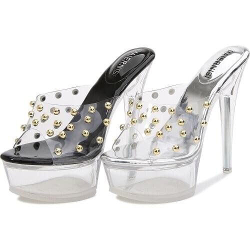 Sexy Open Toe Nightclub Pumps Shoes Crystal Clear Platform Rivet High Heels Pvc Transparent 14CM Super High Heel Womens Shoes