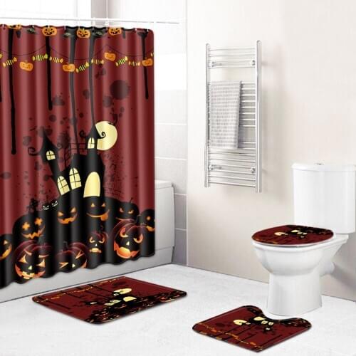 WUJIE Waterproof Shower Curtain Set Pedestal Rug Toilet Seat Cover Anti Slip Bath Mat Pumpkin Print Bathroom Set Holloween Decor