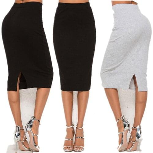 2021 Super Deals Women Thread Solid Color Pencil Skirt Female Basic High Waist Bodycon Split Knee Length Skirts Jupe Femme