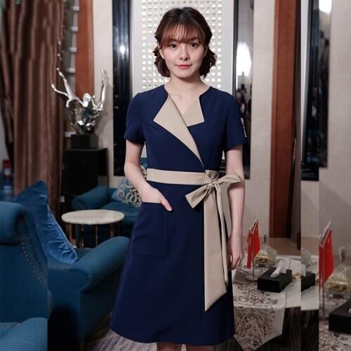 Beautician Work Uniforms Short Sleeve Women Bow-Knot Slim Fit Dress Summer Beauty Salon Spa Technician Nurse Work Coat AS177