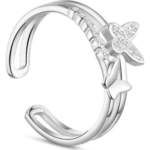 100% 925 sterling silver fashion shiny crystal butterfly ladies`adjustable rings women jewelry birthday gift drop shipping