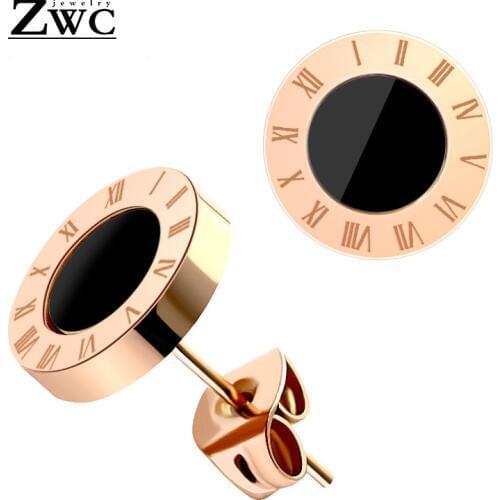 ZWC 2019 Fashion Roman Digital Titanium Steel Stud Earrings for Women Stainless Steel Hypoallergenic Round Earring Trend Jewelry