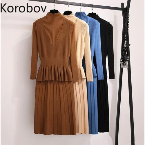 Korobov OL Female Knit V Neck Slim Sleeveless Vest and Half Turtlenenck Long Sleeve Solid Sweater Dress 2 Piece Set Suits 78758