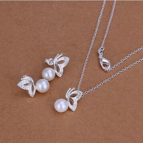 White Butterfly-Pearl Silver Color Jewelry Sets For Women Free Shipping Fashion Jewelry Pendant Earrings/amcajdja KN-S198