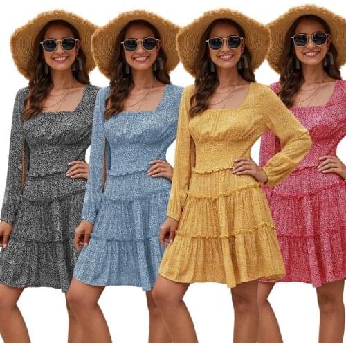 WOMENS Dress Waist Hugging da lan Cotton Floral-Print Long-sleeved Dress Sexy Dress Party Dress