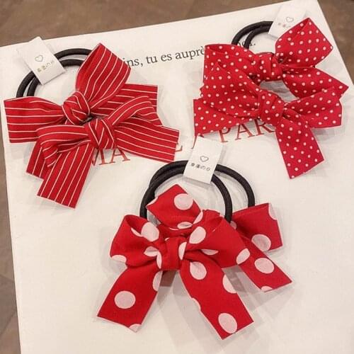 1 Pair Red Bowknot Hair Rope Cute Sweet Polka Dot Love Heart Print Bow Girl Hair Scrunchies Elastic Hair Band Headwear