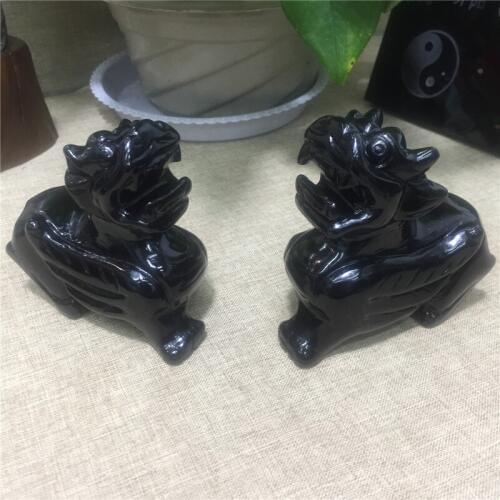 2pcs Natural black obsidian guardian lion handmade carving Stone lions figurine healing crystals for home decoration wholesale