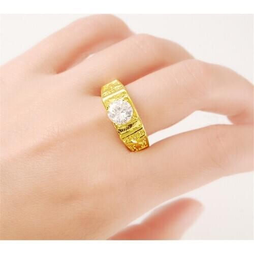24k Yellow Gold Ring For Women Fashion Wedding Cocktail Ring Prong Cubic Zirconia Stone Ring