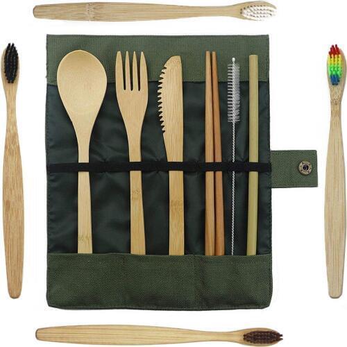 8-Piece Wooden Cutlery Set With Bamboo Straw Knife Fork Spoon Chopsticks Toothbrush Cloth Bag Travel Dinnerware Set Dropshipping