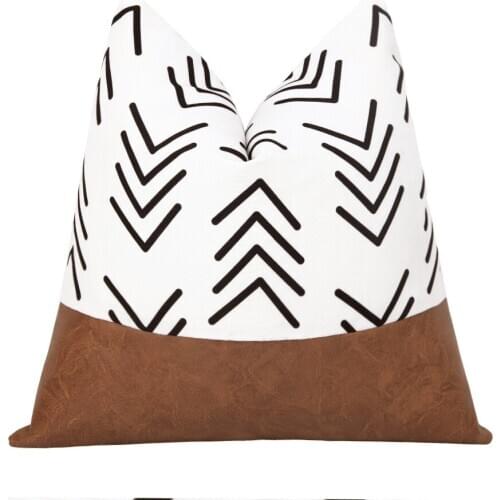 Boho Couch Pillow Cover Moroccan Natural Cotton and Faux Leather Fabric Modern Decor Cushion Cases