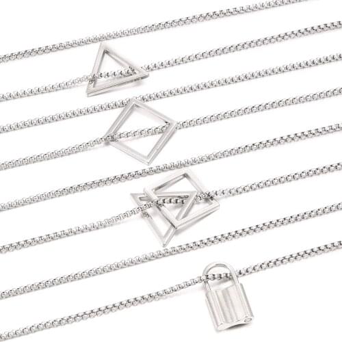 Interlocking Square Triangle Pendant Necklace For Men Stainless Steel Modern Trendy Geometric Streetwear Long Chain Necklace