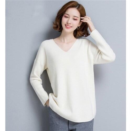 Fad fashion autumn and winter basic knitted blue white sweater ladies casual V-neck womens pullover Korean ladies pullover