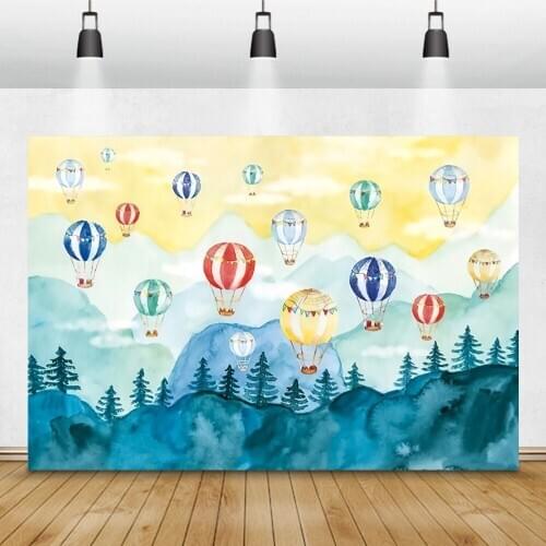 Laeacco Mountains Trees Hot Air Balloons Baby Shower Photocall Photography Backdrops Photo Backgrounds For Photo Studio Props