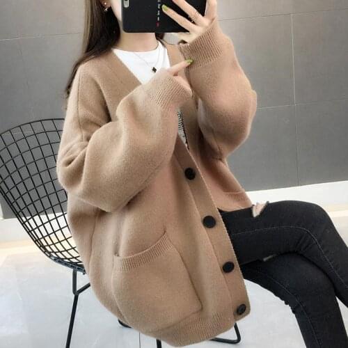 Knitted cardigan womens autumn and winter clothes new Korean pocket sweater long-sleeved solid color blouse casual all-match