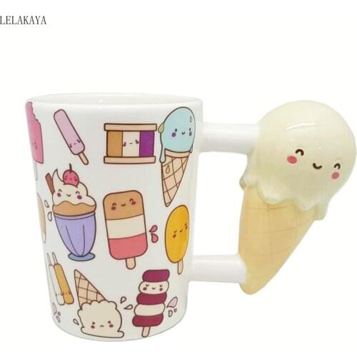 Creative Cute Cartoon Ice Cream Shaped Water Cup Handle Printed Ceramic Coffee Tea Milk Mug Couple Porcelain Cups Tabletop Decor