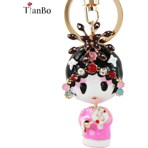 Trendy Pink Enamel Crystal Peking Opera Keychain Key Chain Ring Holder Pendant For Handbag Charm Women Jewelry Car Accessories