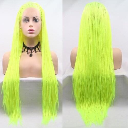 Neon Yellow Green 26 Inches Micro Box Braids Wig with Heat Resistant Fiber Mermaid Removable Braiding Synthetic Lace Front Wig