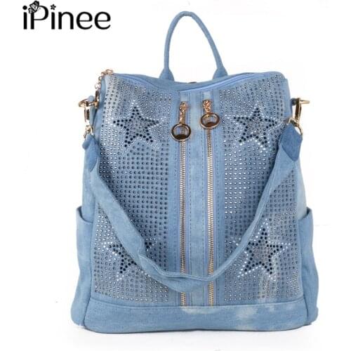IPinee New High Quality Denim Backpack Women Shoulder Bags Multifunction Travel Backpack School Bags for Girls Bagpack Mochila