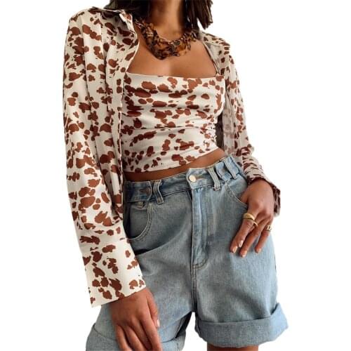 Puloru Women Printed Shirts with Suspender Camis Casual Autumn New Long Sleeve Lapel Neck Button-up Shirts and Sling Crop Tops