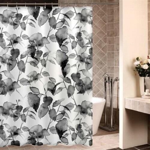 Natural Plant Shower Curtain Set with 12 Hooks Black and Green Leaves Bathroom Decoration