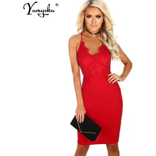 Sexy Backless red lace summer dress women vintage Spaghetti Strap V neck Halter Mini bodycon dress elegant Night club clothes HL