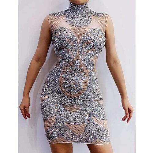 Sparkly Big Crystals Mesh Perspective Dress Evening Party Dresses Birthday Celebrate Costume Singer Performance Dance