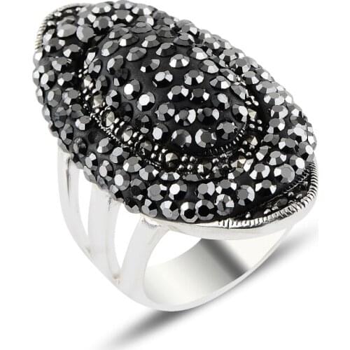 Silver 925 Sterling Black Zircon & Marcasite Ring