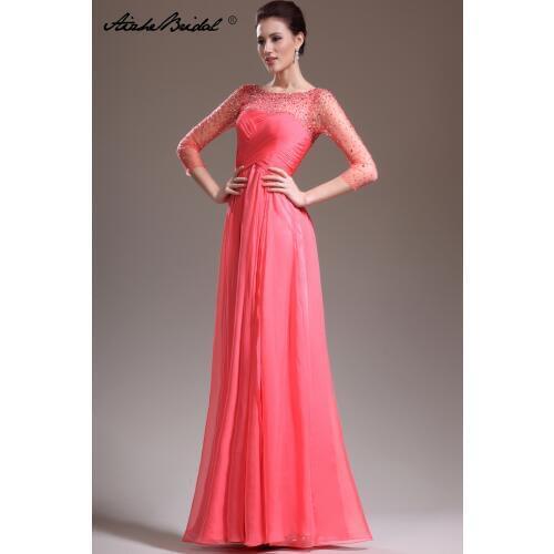 Gorgeous O Neck Long Beaded Formal Womens Dress A Line 3/4 Sleeve Coral Chiffon Mother of the Bride Dress