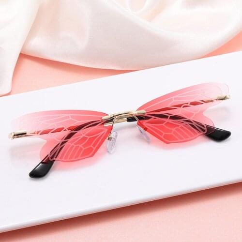 Vintage Butterfly Wings Sunglasses Fashion Rimless Women Men Band Design Ocean Lens Eyewear Steampunk Pink Sun Glasses UV400