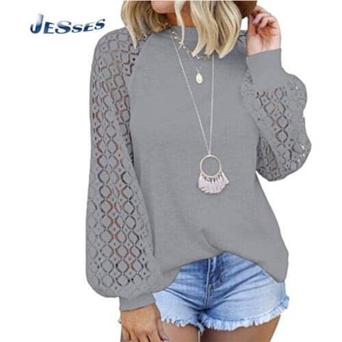 Elegant Lantern Long Sleeve Ladies Chiffon Shirt Lace Stitching Loose Round Neck Tee Large Size New Blouse For Women Casual Tops