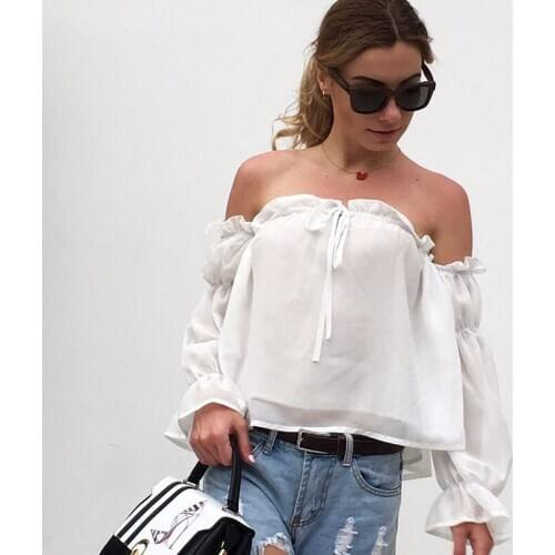 Sexy Slash Neck Off Shoulder White Blouse Tops Women Pleated Chiffon Ruffle Blouses Casual Summer Long Sleeve Shirts Plus Size