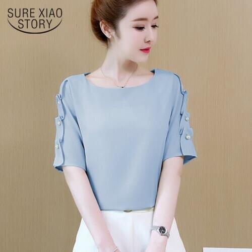 2018 New Summer Office Solid Chiffon Blouse Fashion Beaded Short Sleeve Blouse Women Elegant Casual Loose Shirt Lady Top 0744 30