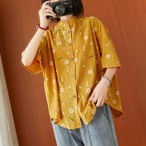 Women Loose Casual Shirts New Arrival 2021 Summer Simple Style Vintage Stand Collar Floral Print Female Cotton Linen Tops S3544