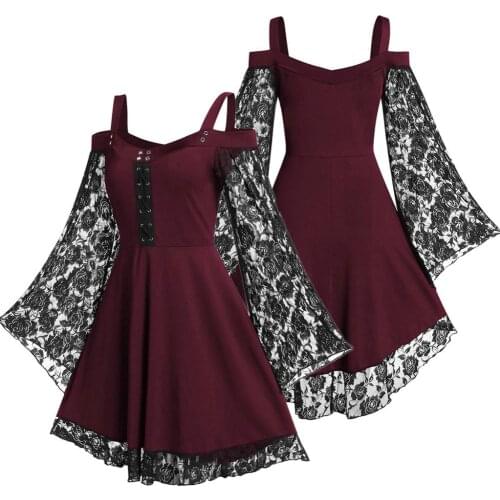 Hot Women Gothic Cold Shoulder Long Flared Sleeve Waist Tight Bandage Party Dress vestido de mujer