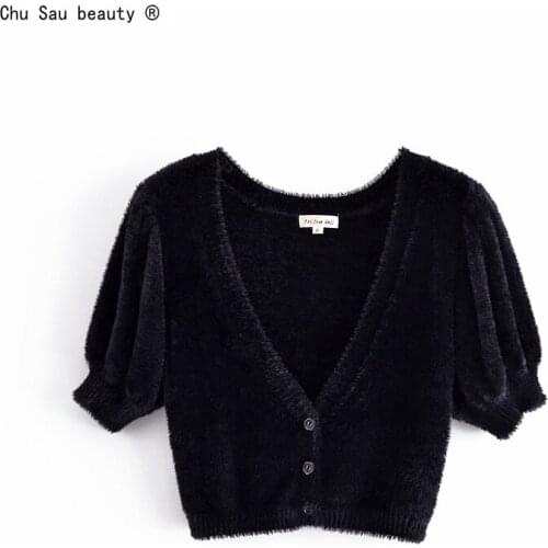 2021 Spring Autumn New Vintage Black V-Neck Square Collar Puff Sleeve Sexy Fashion Velvet Crop Top Women Solid Color Cardigan