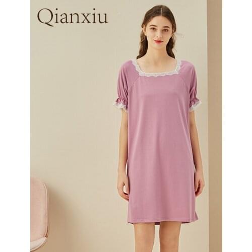 2021 Summer Women Sweety Nightgown Female Bamboo Fiber Cotton Nighty dress Ladies Short Sleeve Square collar sleepwear dress XXL