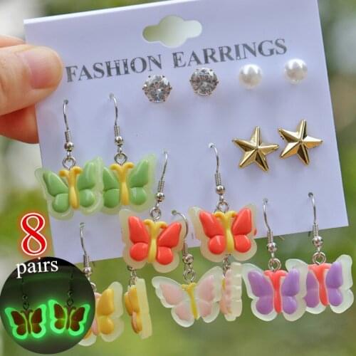 8 pairs Luminous Butterfly Dangle Earrings For Women Party Jewelry Star Zirconia Crystal Earrings Round Pearl Stud Earrings Set