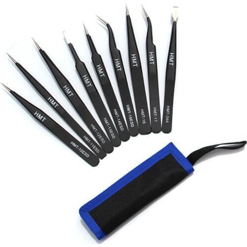 9pcs/lot Precision Stainless Steel Tweezers ESD Anti-static Tweezer Repair Tools Kit for Electronics Phone BGA Repairing