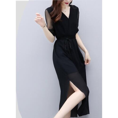 Black Chiffon V-neck Split Midi Dress Ukraine Fashion Thin Dress For Women Vestido Summer FashionTemperament Sexy Party Dress