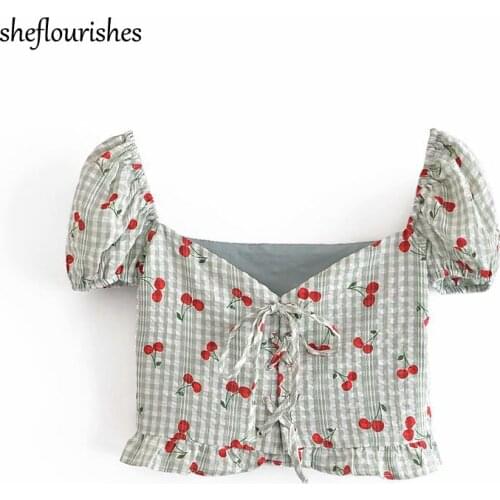 Summer short sleeve shirt women kawaii blouses casual square neck top ruffle cherry print shirt plaid corset top bandage 2021